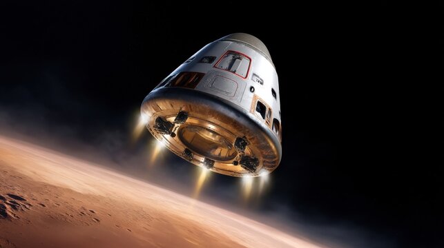 Rocket descends through Martian atmosphere toward the surface during a space exploration mission