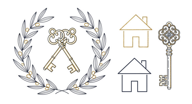 Elegant real estate vector elements with key wreath, house icon, and detailed key for luxury property branding