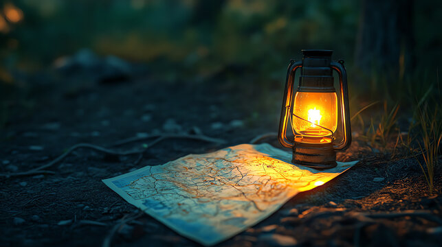 Lantern illuminating map on ground, planning next trail
