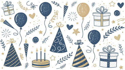 Seamless doodle party pattern  hand-drawn line art with balloons birthday hats gifts confetti garlands background 