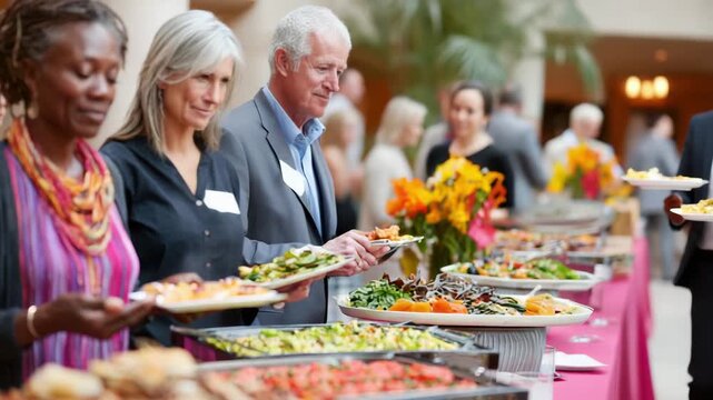 Elegant buffet reception corporate event with guests salad table sharing food, growth through failure, learning and celebration