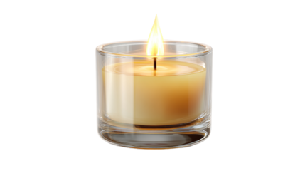 A glowing candle in a transparent glass jar with a soft yellow flame