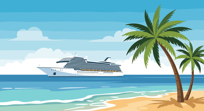 A luxurious cruise ship sails near a tropical beach with palm trees on a clear sunny day.