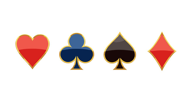 Illustrating the four iconic suits of a standard playing card deck with ornate gold borders.