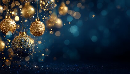 Golden christmas ornaments hanging with a sparkling dark blue background