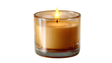 A glowing candle in a transparent glass jar with a soft yellow flame