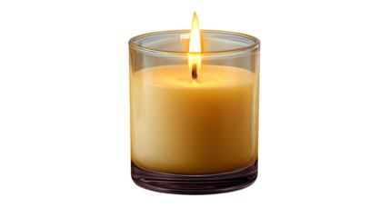 A glowing candle in a transparent glass jar with a soft yellow flame