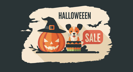 Halloween sale illustration with a jackolantern witch hat puppy and bat Perfect for holiday promotions