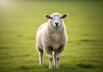 Obraz premium A fluffy white sheep with thick wool stands prominently in a vibrant green grassy field, looking directly at the viewer.