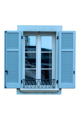 Traditional Blue French Window with Open Shutters and Decorative Balcony Railing on Transparent Background, png