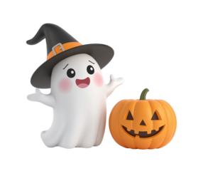 Cute ghost with witch hat and smiling pumpkin for halloween season illustration