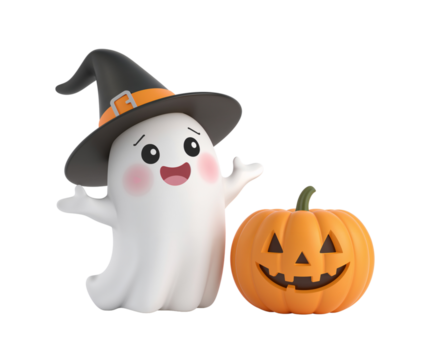 Cute ghost with witch hat and smiling pumpkin for halloween season illustration
