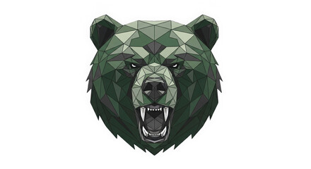 Geometric low poly bear head sculpture with open mouth and fierce expression on black background