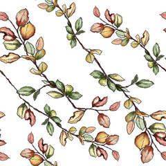 seamless watercolor apple branches pattern, faded fall leaves  background, red and yellow leaves botanical  textile pattern