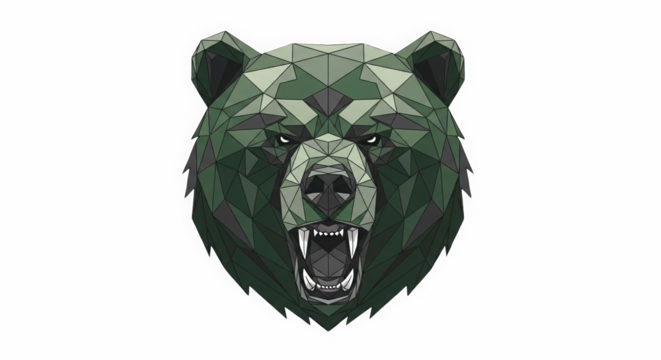 Geometric low poly bear head sculpture with open mouth and fierce expression on black background