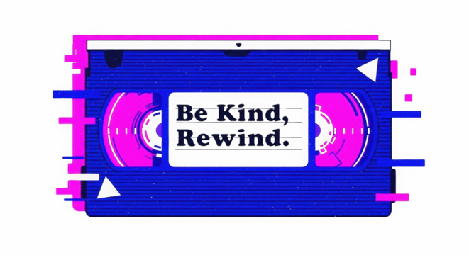 Glitch art vhs tape with vibrant pink and blue colors and static distortion effect on black background