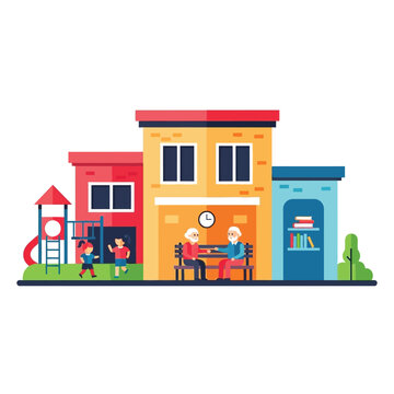 A building with a playground, elderly couple, and bookshelf.