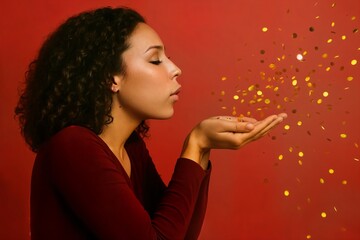 Cheerful woman blowing golden confetti and celebrating festive winter holiday with joy