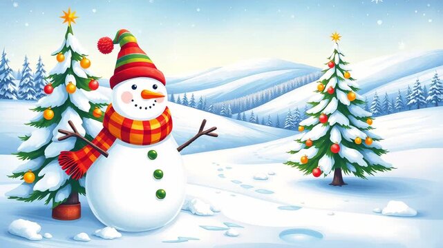 A funny snowman wearing a warm hat and scarf in the snow, against a backdrop of a spruce forest, cartoon illustration style. Winter video banner, children's card