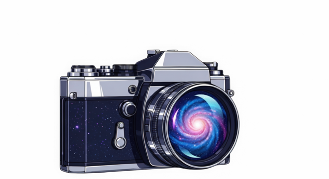 Vintage camera lens reflecting a vibrant swirling galaxy against a stark black background