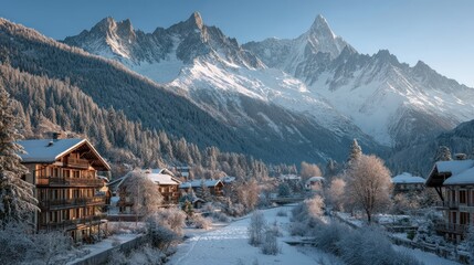 Beautiful Snowy Swiss Mountain Village with Wooden Chalets and Majestic Alpine Peaks
