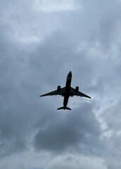 The perspective of Airplane in the overcast sky background.