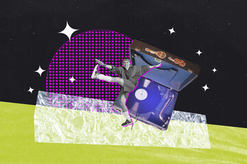 Zine image 3d poster art collage of happy man dance retro player celebration holiday vinyl disk...
