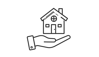 Minimalist illustration depicting a hand cradling a house outline, symbolizing support and ownership. The line art is clean and modern