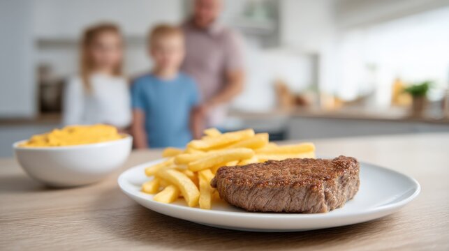 Dinner served with steak and fries in a cozy home kitchen while family enjoys time together - Powered by Adobe