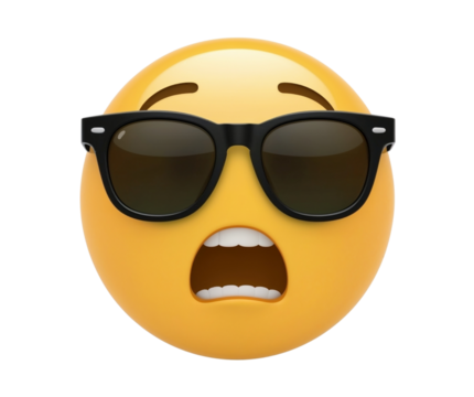 Surprised emoji with sunglasses expressing disbelief and shock on black background