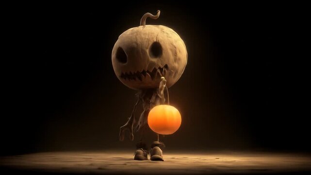 Cartoon scarecrow character holding illuminated pumpkin against dark background