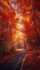 A curving road goes through a forest full of colorful autumn trees