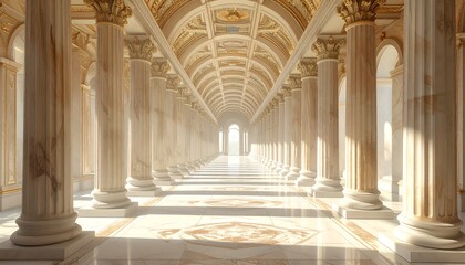 Fototapeta premium Long, ornate hallway lined with columns and lit by sunlight