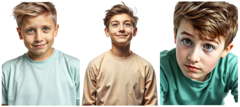 Collage of portraits showing a pre-teen boy expressing different emotions