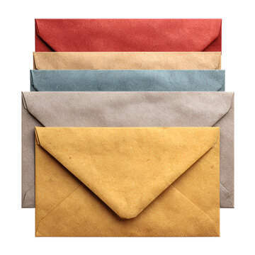 Stack of colorful paper envelopes isolated on transparent background