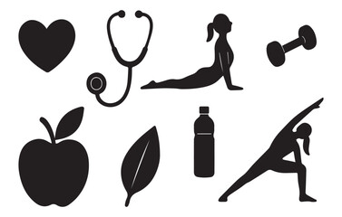 Wellness lifestyle with yoga, healthy eating, hydration and heart health