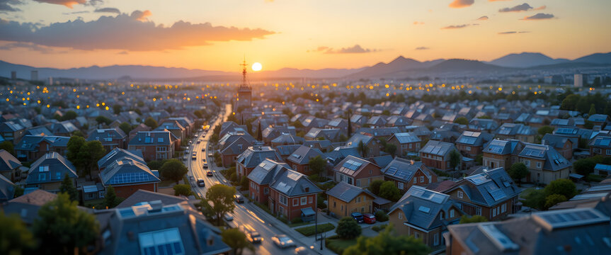 Dreamy suburban neighborhood glows at sunset with warm light illuminating rooftops and a winding street