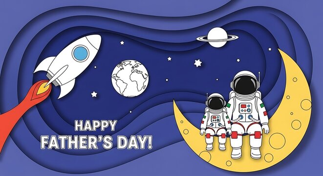 Happy Fathers Day Astronauts in Space with Rocket and Planets.