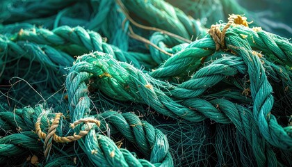 Close Up Macro Shot of Thick Twisted Green Fishing Rope and Netting with Small Debris Caught in Fibers in Bright Daylight with Shallow Depth of Field