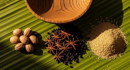 An artistic arrangement of whole nutmegs, star anise, black peppercorns, and cumin seeds on a green woven mat with a wooden bowl.