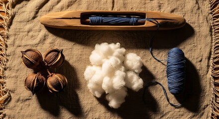 A composition showing the process of making traditional Indonesian fabric, from cotton pods to raw cotton, blue thread, and a wooden weaving shuttle.