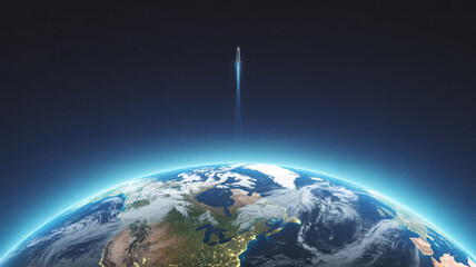 Rocket launching from earth into the starry night sky satellite