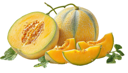 Fresh cantaloupe composition, showcasing whole, sliced, and segmented fruits with vibrant orange hues