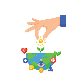 of hand nurturing growth on a half-earth with health icons.