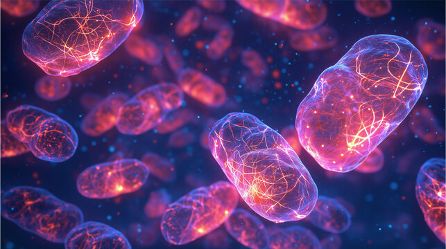 Microscopic dreamlike view inside a cell, with mitochondria as tiny glowing power plants recharging at night.