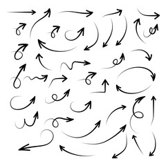 Collection of hand drawn arrow icons showing direction and movement in various styles