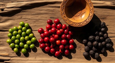A striking top-down view of coffee cherries in three stages of ripeness&mdash;green, red, and dried black&mdash;on rustic wood with a carved bowl.