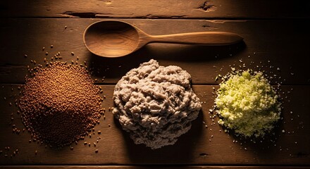 A unique composition featuring fenugreek seeds, fermented dough (tape or tempeh starter), and grated light-colored spice on a wooden table with a spoon.