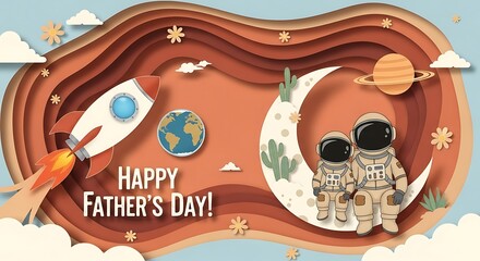 Happy Fathers Day Space Adventure with Rocket and Astronauts.