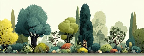 Watercolor style, Collection of decorative flat shrubs and panoramic view of garden shrubs and small trees